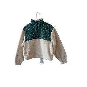 Universal Thread Womens S Sherpa Fleece Jacket With Floral Panels Teal & Cream